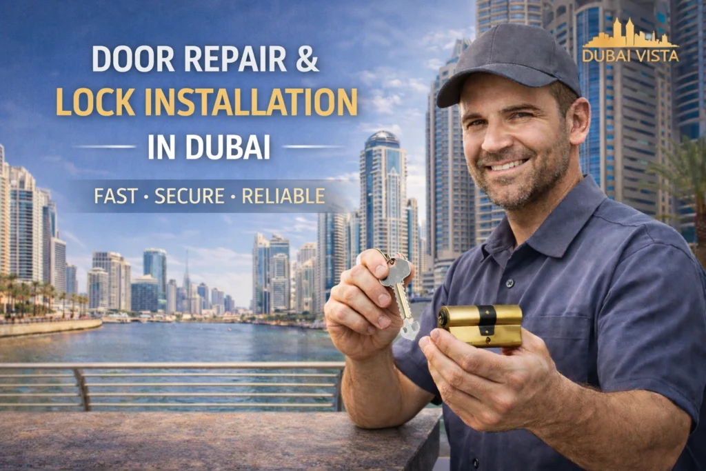 door repair Dubai, door lock installation Dubai, lock replacement Dubai, emergency locksmith Dubai, smart lock installation Dubai, door alignment Dubai, replace euro cylinder Dubai, mortise lock installation Dubai, fix door closer Dubai, lockout service Dubai